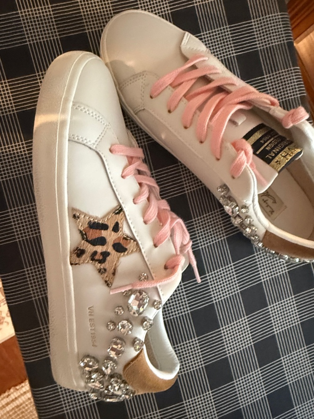 Vintage Havana White Sneakers with Pink Laces, Leopard Star & Crystal